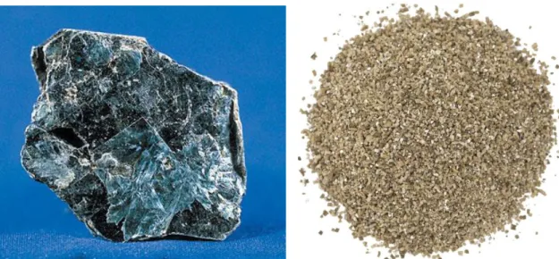 FIGURA 3 – Vermiculita, a esquerda na forma mineral e a direita na forma  expandida 