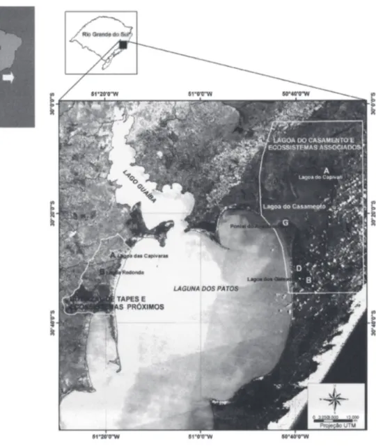 Figura 1. Localização das Lagoas do Casamento e Butiazal de Tapes e seus ecossistemas associados, com indicação das subáreas estudadas (A, B, D, G), na Planície  Costeira do Rio Grande do Sul, sul do Brasil.