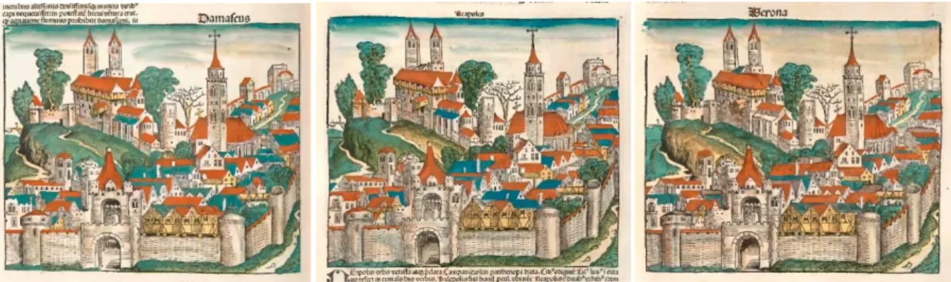 Figura 31 – Xilogravura da cidade de Damasco, Crônica de Nuremberg, séc. XV, p.116  Figura 32 – Xilogravura da cidade de Nápoles, Crônica de Nuremberg, séc