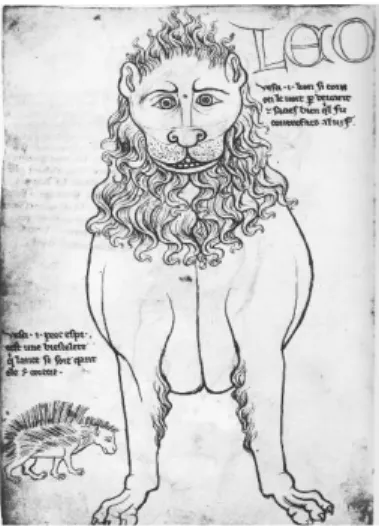 Figura 38 – Leão e porco espinho, desenho em bico-de-pena. Artista: Villard de Honnecourt, 1235