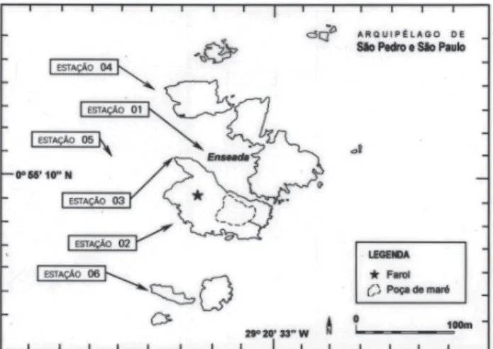 Figura 2. Mapa com a localização das estações de coletas no Arquipélago de São  Pedro e São Paulo, Brasil (Edwards &amp; Lubbock 1983, modiﬁ cado).