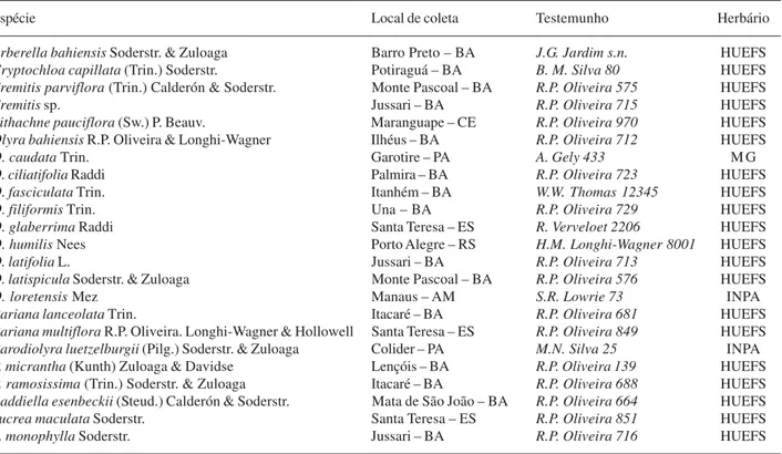 Tabela 2. Exemplares de outros gêneros da tribo Olyreae utilizados na análise da anatomia foliar em corte transversal.