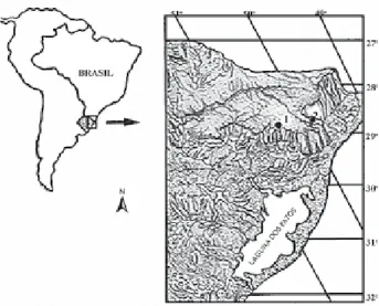 Figura 1. Estado do Rio Grande do Sul e localização dos perfis sedimentares estudados: 1