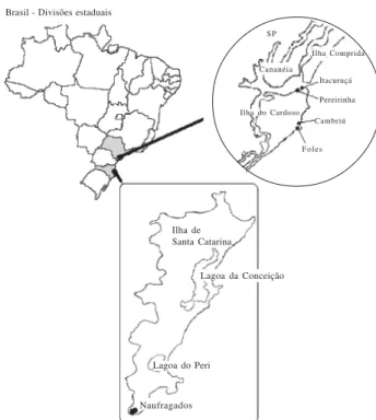 Figura 1. Localização das comunidades estudadas (Fonte: Mapa da Ilha do Cardoso: adaptado do Instituto de Pesca - Núcleo de Pesquisa e Desenvolvimento do Litoral Sul do Estado de São Paulo, 2004; Mapa da Ilha de Santa Catarina: adaptado da Tese de Mestrado