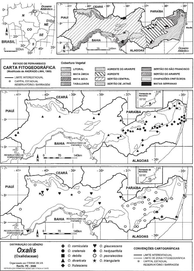 Figura 75. Mapas de distribuição geográfica das espécies de Oxalis L. no Estado de Pernambuco.