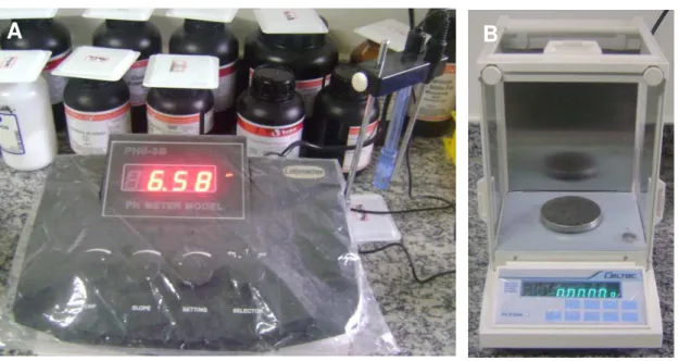 Figura 9. Fotos do pHmetro digital (A) e balança analítica (B). 