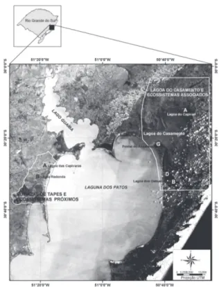 Figura 1. Localização da Lagoa do Casamento e Butiazal de Tapes e seus ecossistemas próximos, com indicação das subáreas estudadas (A, B, D, G), na planície costeira do Rio Grande do Sul, sul do Brasil.