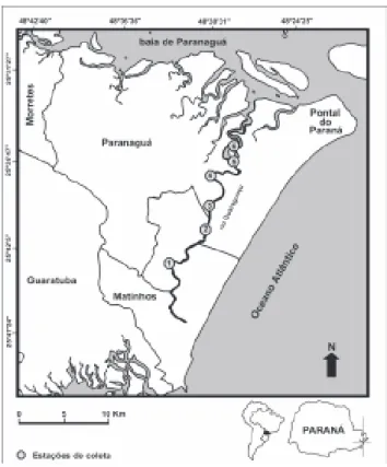 Figura 1. Localização das estações de amostragem no rio Guaraguaçu, litoral do Estado do Paraná, Brasil.