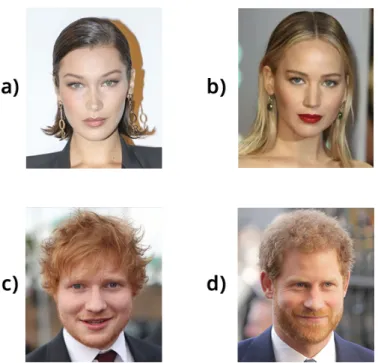 Figure 1.1: Images of similar non-kin people, a) to b), and c) to d) - images obtained from: