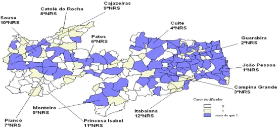Figura 2. Municípios da Paraíba, sedes dos 12 Núcleos Regionais da Secretaria  de Saúde do Estado