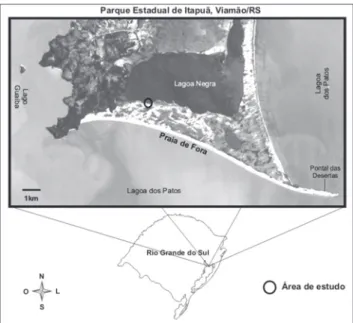 Figura 1. Localização da área de Restinga (30°22’51,1’’S - -51°00’29,0’’W) onde foram estudadas as interações entre a avifauna frugívora e o componente arbóreo no Parque Estadual de Itapuã, Viamão, RS