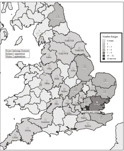 Fig. 3 – Counties of origin of apprentices who appeared in the Mayor's Court of London,   1410-1480 (HOVLAND, S