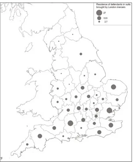 Fig. 5 – Counties of residence of defendants in suits brought by London  mercers in the Court of Common Pleas, 1399-1500.