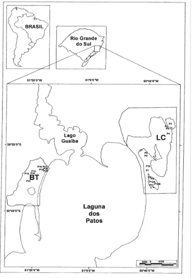Figura 1. Localização dos pontos de amostragem nas respectivas áreas de estudo (Lagoa do Casamento  LC e Butiazal de Tapes  -BT), na região do litoral médio do Rio Grande do Sul.