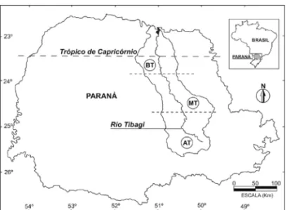 Figura 1. Localização geográfica da bacia do rio Tibagi, Paraná, Brasil, com suas subdivisões em AT: alto tibagi, MT: médio Tibagi e BT: baixo Tibagi.