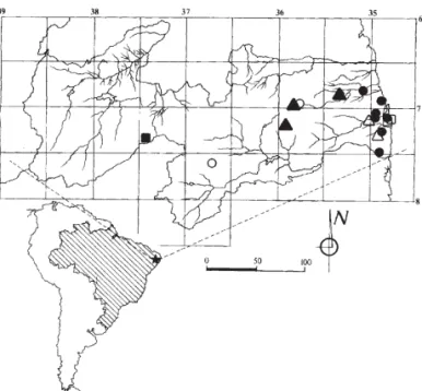 Figura 35. Mapa de distribuição das Erythroxylaceae na Paraíba, Brasil: A. Erythroxylum caatingae Plowman (  ); B