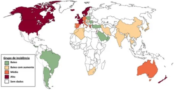 Figura   1   -­‐   Distribuição   Mundial   de   DII:      o   vermelho   representa   uma   incidência   anual   superior   a   10/10 5 ,   laranja    uma    incidência    de    5-­‐10/10 5 ,   verde    uma   incidência    inferior   a   4/10 5 ,   amarel