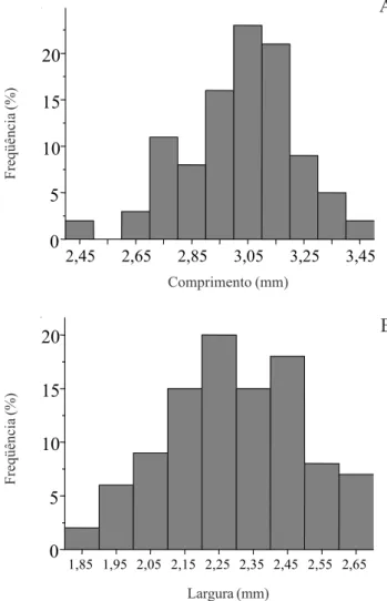 Figura 3. Distribuição de freqüência de dimensões morfométricas de sementes de Maclura tinctoria (L.) D