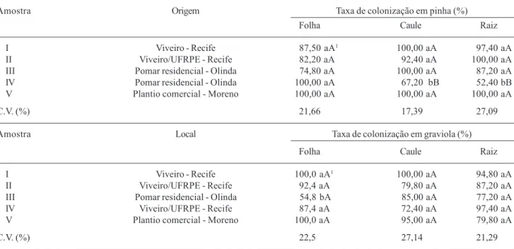 Tabela 1. Taxa de colonização de fungos endofíticos em diferentes tecidos de pinha (Annona squamosa L.) e graviola (Annona muricata L.).