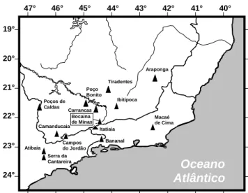 Figura 1. Localização geográfica da área de estudos, Bocaina de Minas, no Sudeste do Brasil e de outras 13 áreas de floresta inventariadas na região e utilizadas nas comparações florísticas