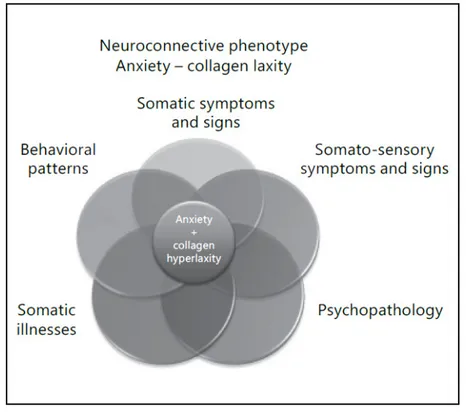 Figura 2 – Diagrama do fenótipo neuroconjuntivo com as cinco componentes em torno do núcleo ansiedade-laxidão do  colagénio
