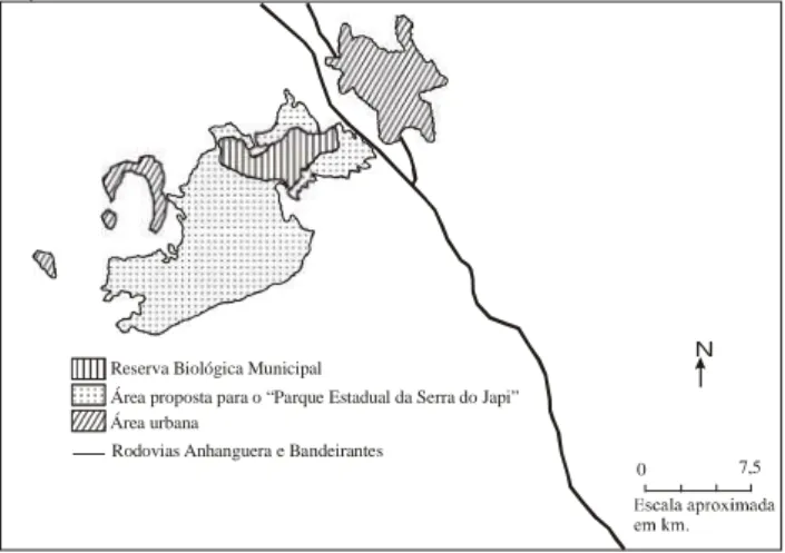 Figura 3.  Região da Serra do Japi, evidenciando a área da Reserva Biológica Municipal da  Serra do Japi, as áreas urbanas dos municípios de Jundiaí (leste) e Cabreúva (oeste)  e a área proposta para o “Parque Estadual da Serra do Japi”.