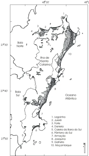 Figura 1. Mapa da Ilha de Santa Catarina situando as 10 praias estudadas e os depósitos costeiros adjacentes, segundo mapa de Caruso Jr