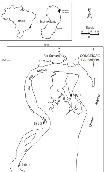 Figura 1. Localização dos sítios de estudo no manguezal do estuário do rio São Mateus, Conceição da Barra, ES, Brasil.