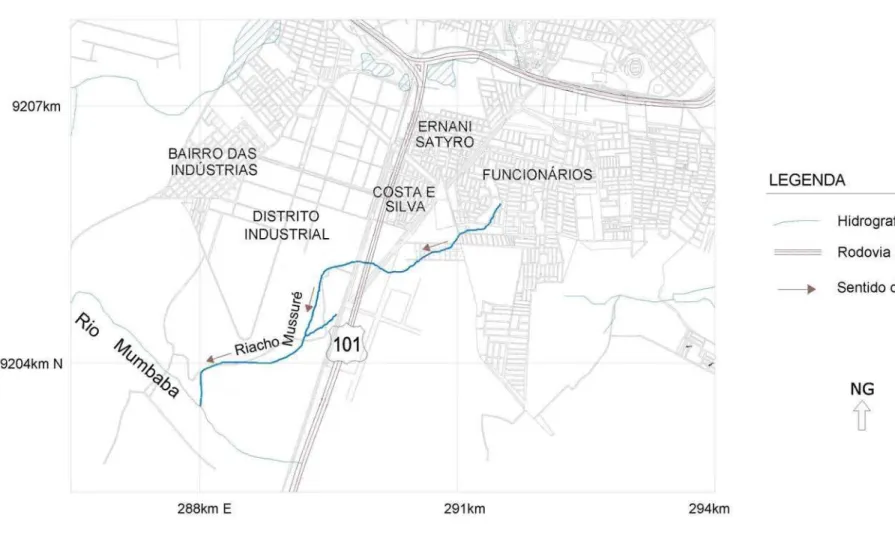Figura 3.3 Localização do riacho Mussuré em relação ao Distrito Industrial, e aos bairros residenciais presentes na área