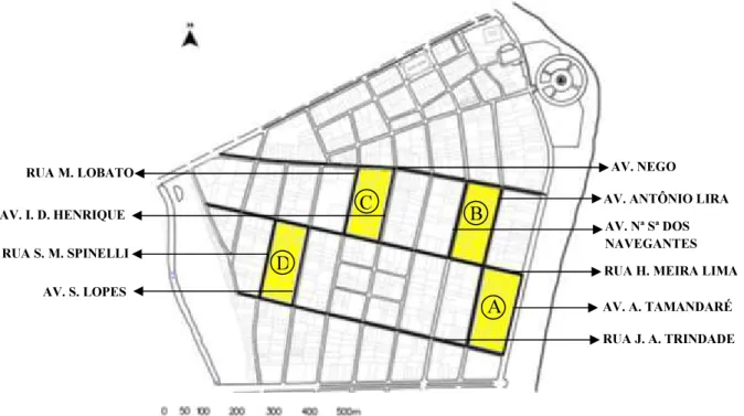 FIGURA  29.  Bairro  de  Tambaú,  evidenciando  os  quatro  quarteirões  em  análise  e  as  ruas  e  avenidas  que  os  delimitam