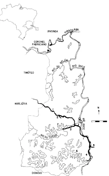 Figura 1. Parque Estadual do Rio Doce (PERD), limitado ao norte e a leste pelos rios Piracicaba e Doce, respectivamente; a oeste pelos municípios de Marliéria e Timóteo e ao sul pelo de Dionísio: 1