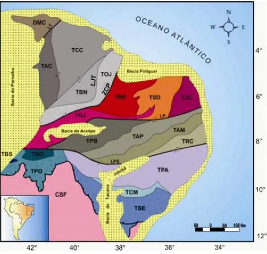 Figura 2.1 – Mapa da Prov‡ncia Borborema dividida em dom‡nios e terrenos tectono- tectono-estratigr‹ficos