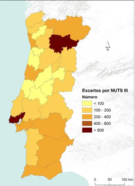 Figura 3 – Distribuição do número de excertos registados na base de dados por NUTS III 
