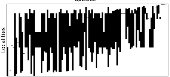 Fig. 10. The ordered matrix by similarity of   sites (rows) by species (columns). Black rectangles indicate a species occurrence at a site.