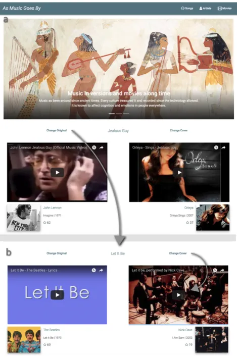 Figura 14: Vista da página inicial da plataforma As Music Goes By.  a) No topo da  página  vê-se  uma  apresentação  da  aplicação  com  imagens