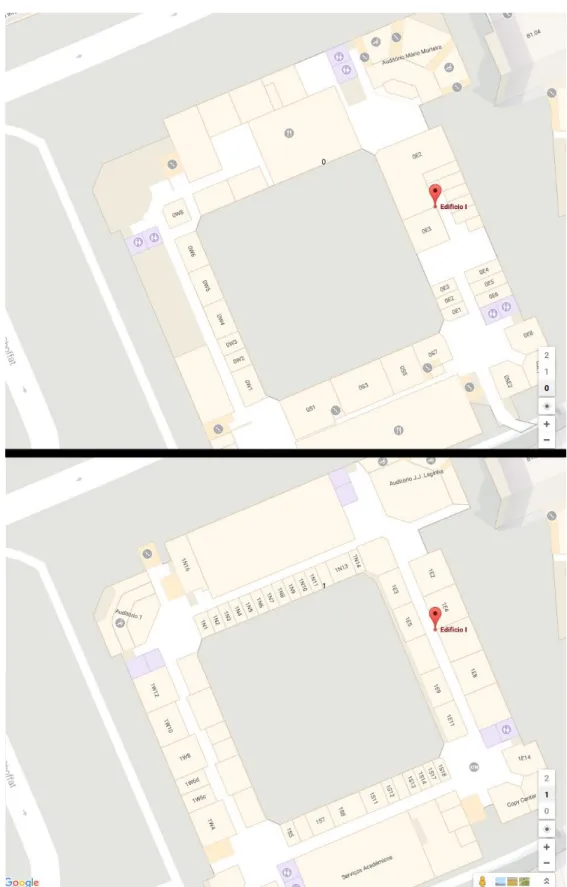 Figura 2.2 - Visualização de dois pisos diferentes de um edifício no Google Maps (a escolha do  piso a visualizar é efetuada no canto inferior direito da interface)