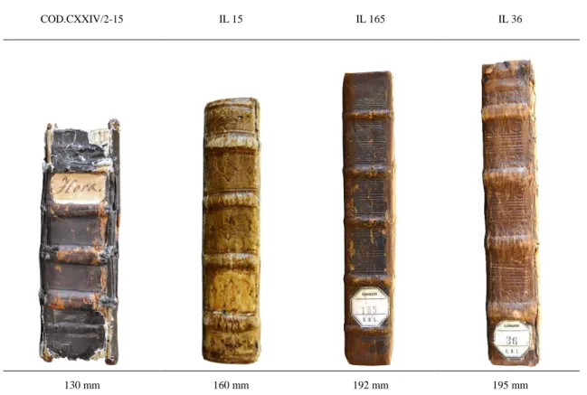 Figura 4. Lombadas dos Livros de Horas COD.CXXIV/2-15; IL 15; IL 165 e IL 36. 