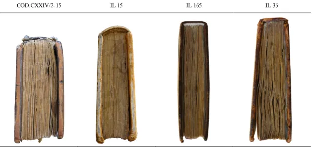 Figura 6. Cortes da cabeça e tranchefilas dos Livros de Horas COD.CXXIV/2-15; IL 15; IL 165 e IL 36