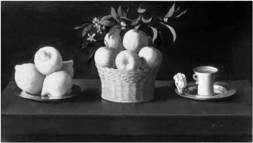 Figura 1. Francisco de Zurbarán. Bodegón con canasta de naranjas, 1633, Óleo,  62.2x109.5 cm