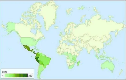 Figura 1: Mapa de distribuição do gênero Cissampelos  http://www.tropicos.org/Name/40009297?tab=maps 