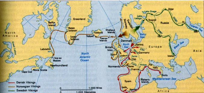 Figura 1: Mapa das rotas vikings conhecidas partindo da Escandinávia. 