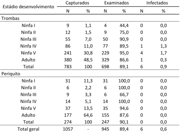 Tabela 3. Total de triatomíneos da espécie Triatoma sordida capturados,  examinados e infectados nas localidades de Trombas e Periquito, Posse, 