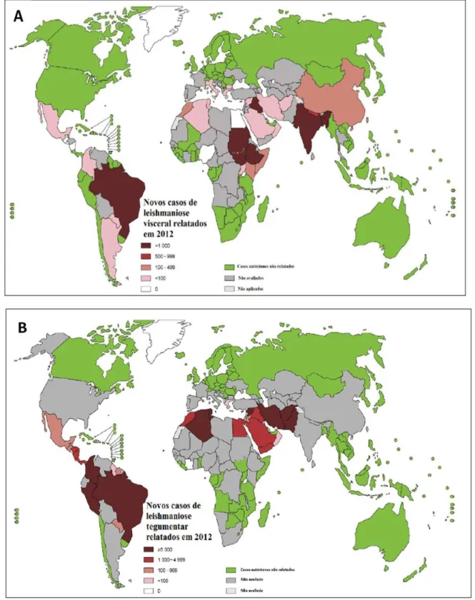 Figura 6- Mapa de distribuição das leishmanioses no Mundo: 6A - casos de leishmaniose visceral; 6B- casos de  leishmaniose cutânea