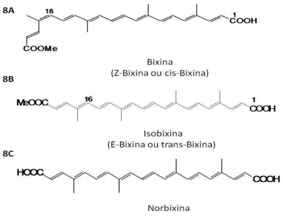 Figura 8 - Estrutura química: 8A - bixina; 8B  –  isobixina; 8C  –  norbixina. 
