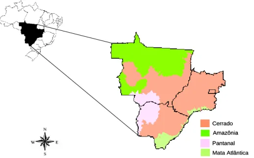 Figura 1: Mapa do Brasil, sendo destacado o mapa da Região Centro-Oeste,  local  de  estudo,  com  os  biomas  em  destaque  por  cores