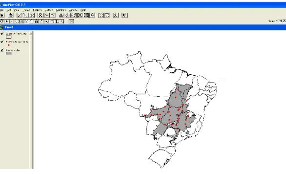 Figura 2: Imagem de uma página do programa ArcView versão 3.3, utilizado  na produção dos modelos de distribuição geográfica potencial das espécies  de triatomíneos sinantrópicos