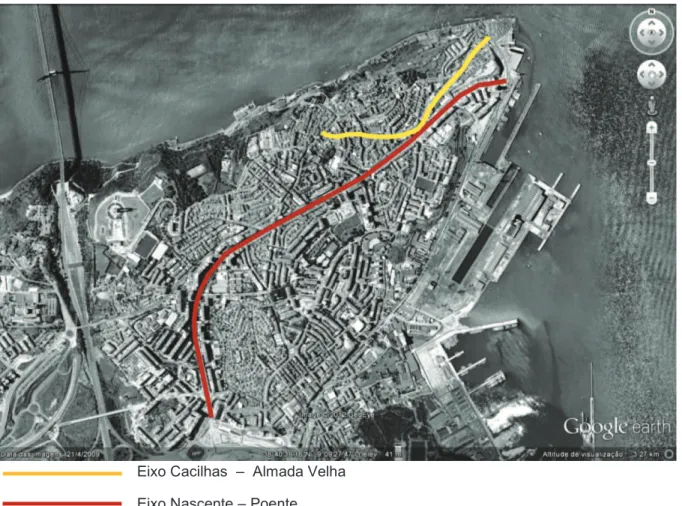 Fig. 3.1 - Cidade de Almada – relação de eixos estruturantes (Google Earth)                                                             