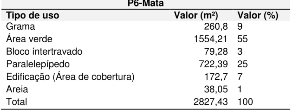 Tabela 7- Quantificação aproximada dos valores de uso e ocupação do solo, no P6-Mata.