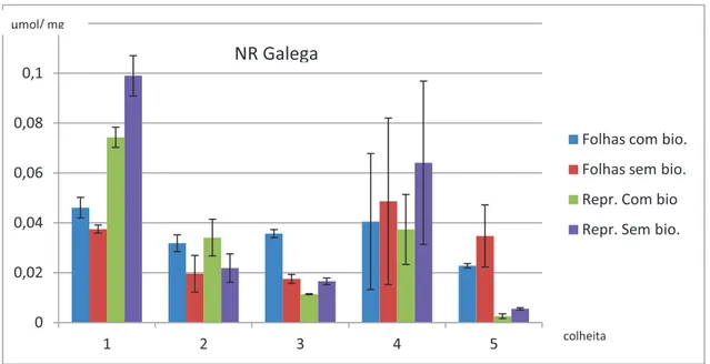Figura  4  -  Atividade  média  da  enzima  GS  nos  diferentes  orgãos  ao  longo  do  período  estudado para a cultivar Galega