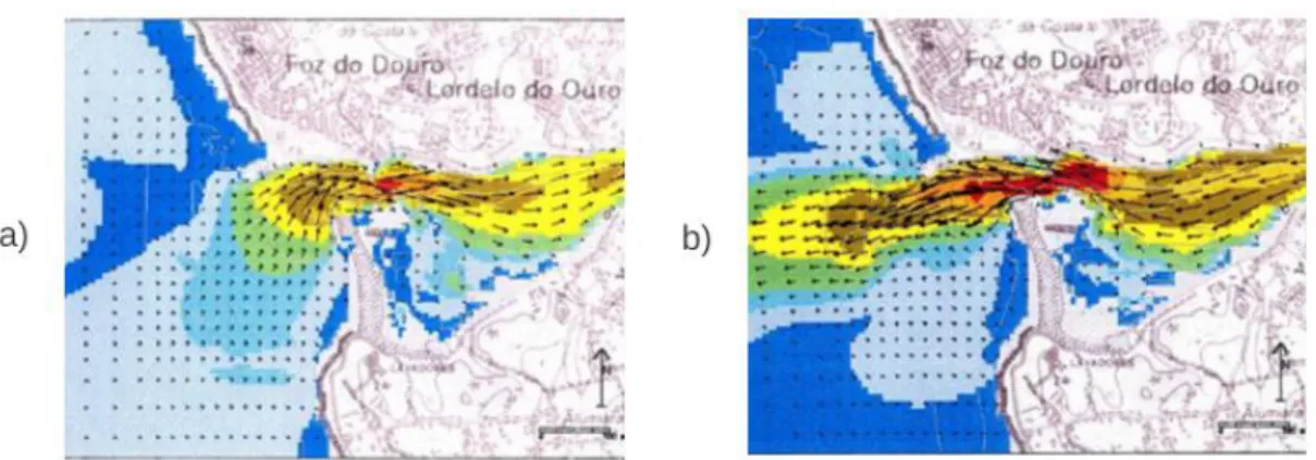 Figura 3-3 – a) Corrente de enchente e b) corrente de vazante no estuário do rio Douro (Veloso Gomes,  2016)
